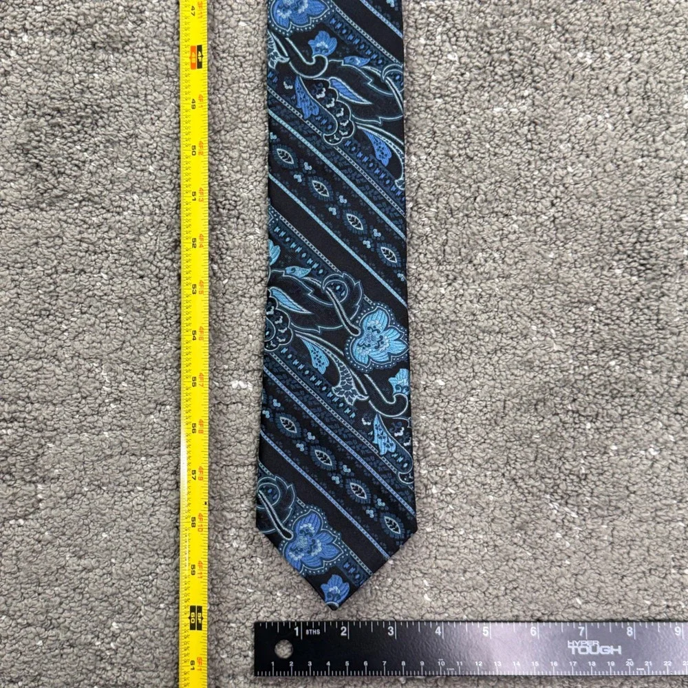 Ted Baker Silk Tie Mens OS Blue Black Floral Paisley Stripe Formal Dapper